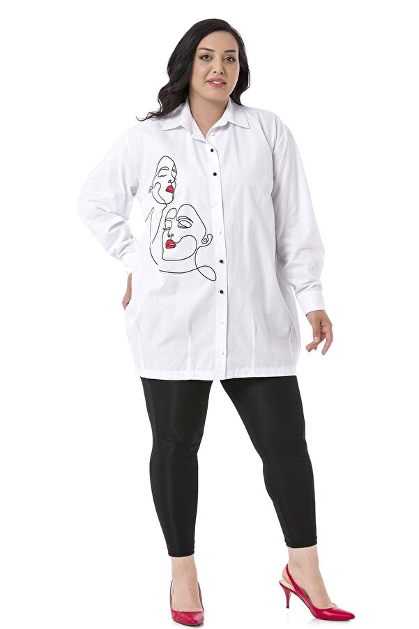 Silhouette Printed Half Balloon Fit Hem Stitched Shirt — White