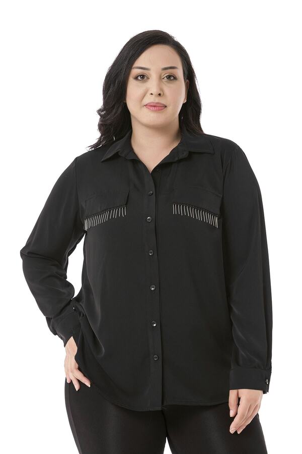 Pockets Chain-detail Side-slit Shirt — Black