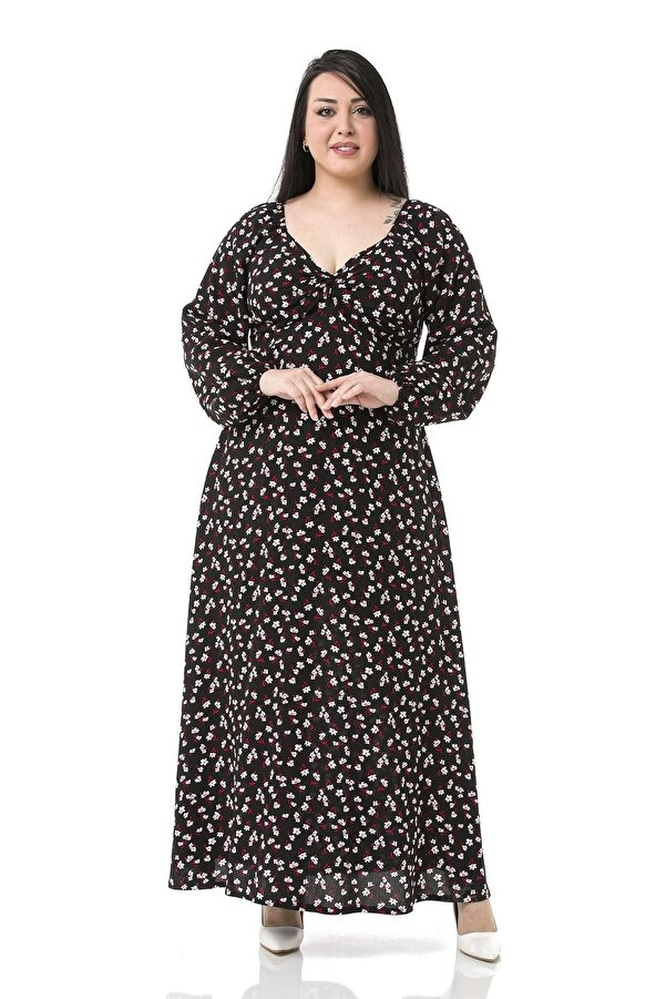 Göğsü Düğüm Detail Back & Sleeve Opening Elasticated Small Floral Zipped Long Dress — Black