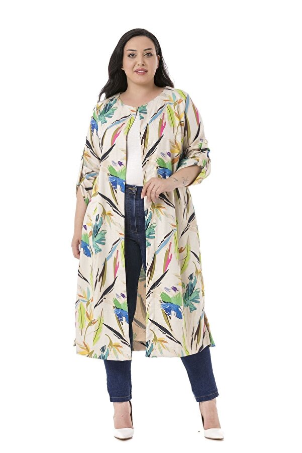 Round Neck Fold-detail Sleeve Side-slit with Pockets Unlined Jacket — Beige