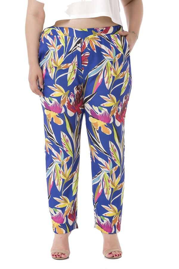 Waist Side & Back Elasticated with Pockets Leaf-print Printed Trousers &mdash; Saxe Blue