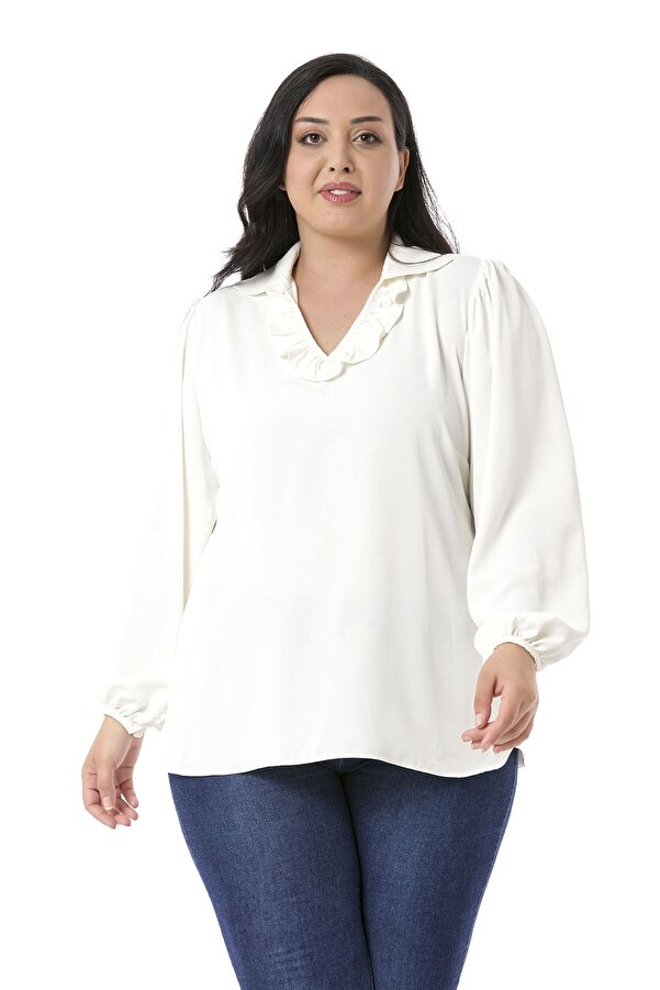 Collar Frilled Omuzları Shirred Sleeve Buttoned Flowy Blouse — White
