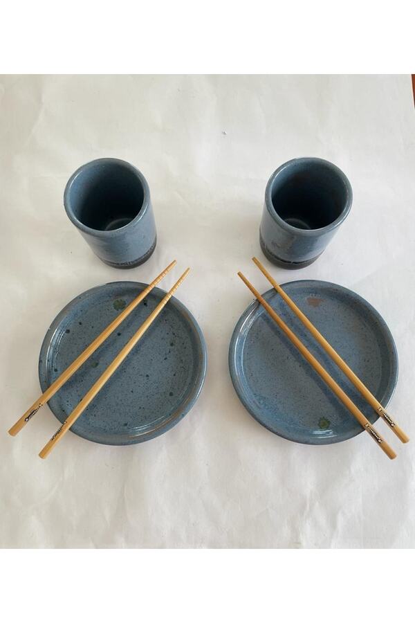 16cm Çapta El Yapımı 2 Adet Seramik Tabak Ve Bardak Ile 23cm 2 Çift Ahşap Chopstick Sr1162