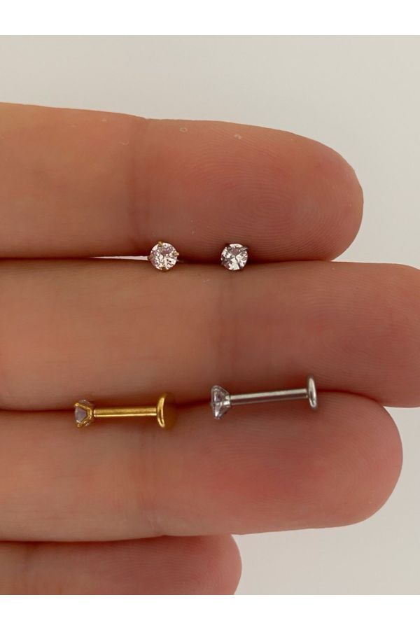 Cerrahi Çelik Zirkon Taşlı 2 Li Piercing Küpe Set_0