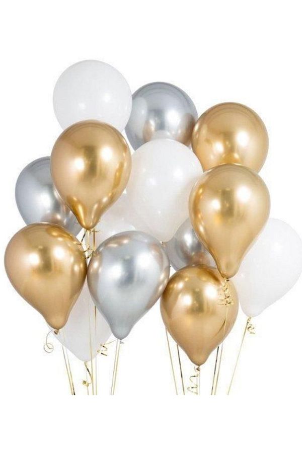 12li Metalik Sedefli 4 Gold- 4 Gümüş Gri- 4 Beyaz Balon, Helyumla Uçan