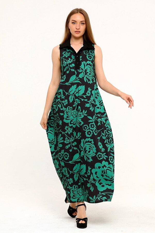 Shirt Collar Chest Altından Pleated Side with Pockets Floral Long Dress — Green