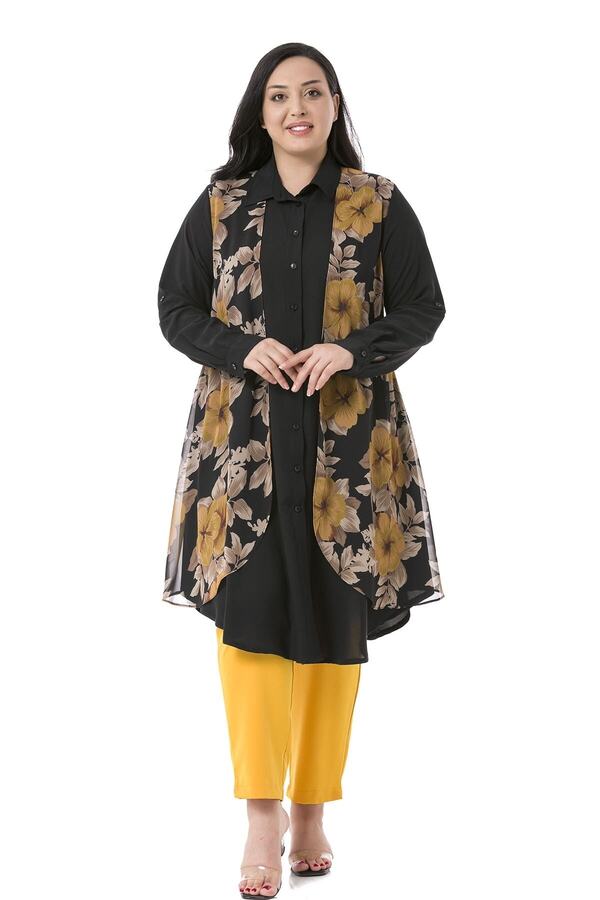 Fold-detail Sleeve Front Chiffon Detail Long Shirt — Mustard