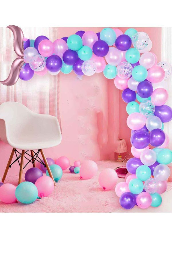 Deniz Kızı Temalı "pembe" Kuyruk Folyo Ve 50 Balon + 5mt Balon Zinciri Konsept Doğum Günü Parti Seti