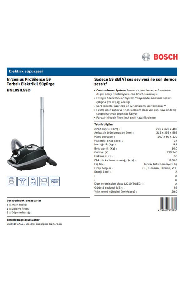 Bosch BGL8SIL59D In'Genius ProSilence 59 Toz Torbalı Elektrikli Süpürge - Görsel 4