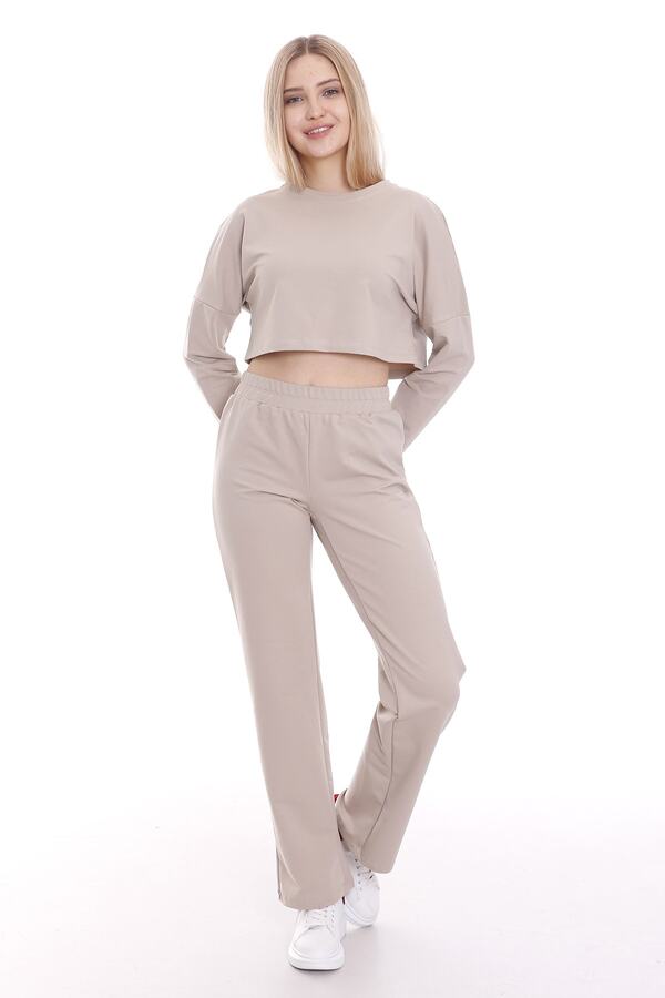 Waist Elasticated Long Sleeve Cropped Jogger Set — Beige
