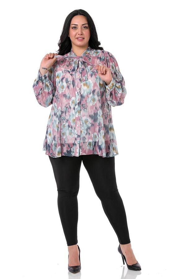 Floral Self Scarf-detail Cuffed Chiffon Shirt — Pink