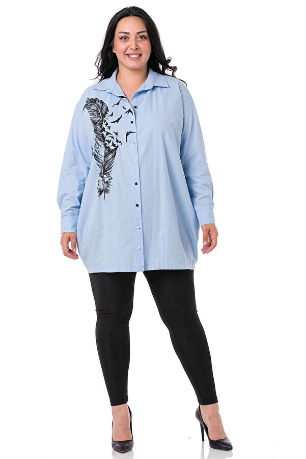 Leaf-print Printed Half Balloon Fit Hem Stitched Shirt — Baby Blue