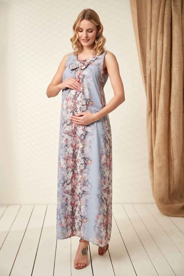 Bebe Mavi Çiçek Detay Hamile Elbise_1