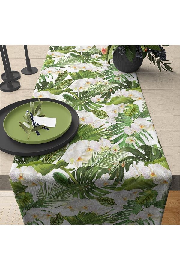 Yapraklı Beyaz Orkide Desenli 50x140 Cm Runner