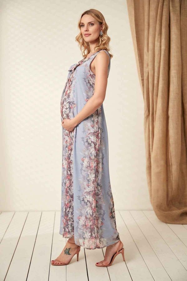 Bebe Mavi Çiçek Detay Hamile Elbise_2