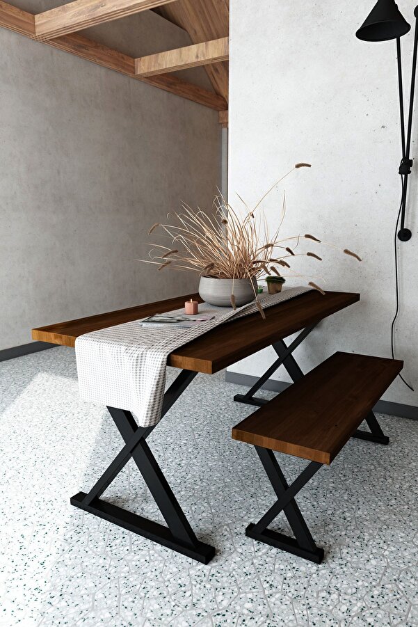 Ardıç Masif Ceviz Renk 140×70 Banklı Yemek Masası Woodesk