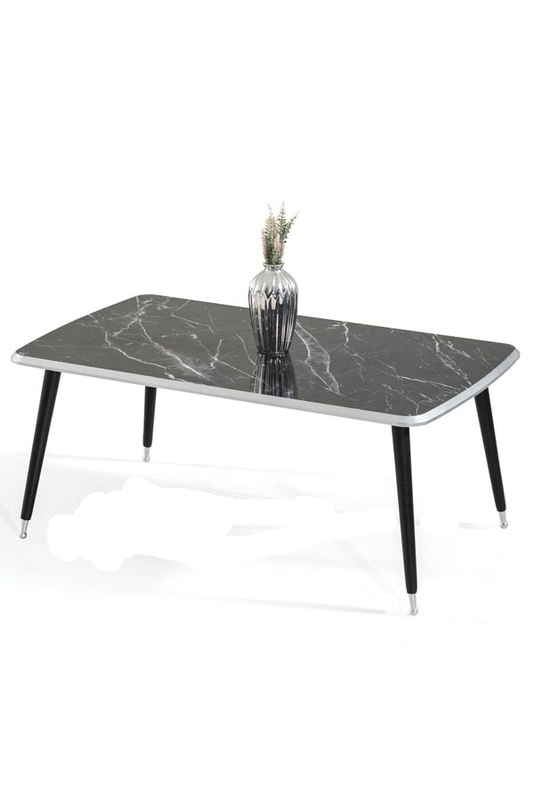 Azurro Lüx Ayaklı Orta Sehpa Siyah Mermer Gümüş Kenarlı 60 X 100 Cm