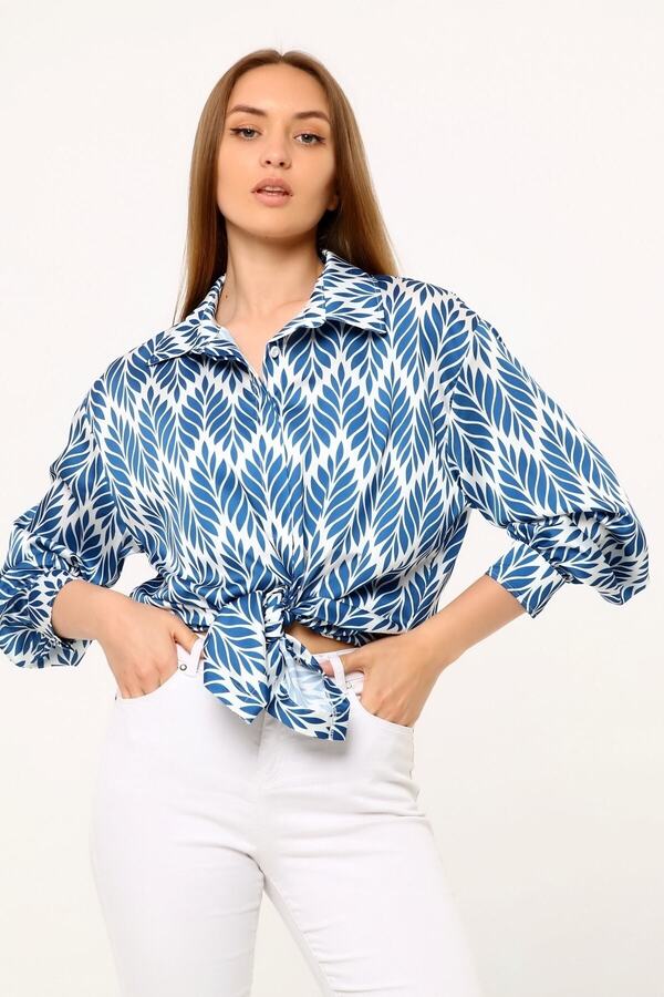 Leaf-print Shirt Collar Cuffed Printed Satin Indigo Shirt &mdash; Indigo
