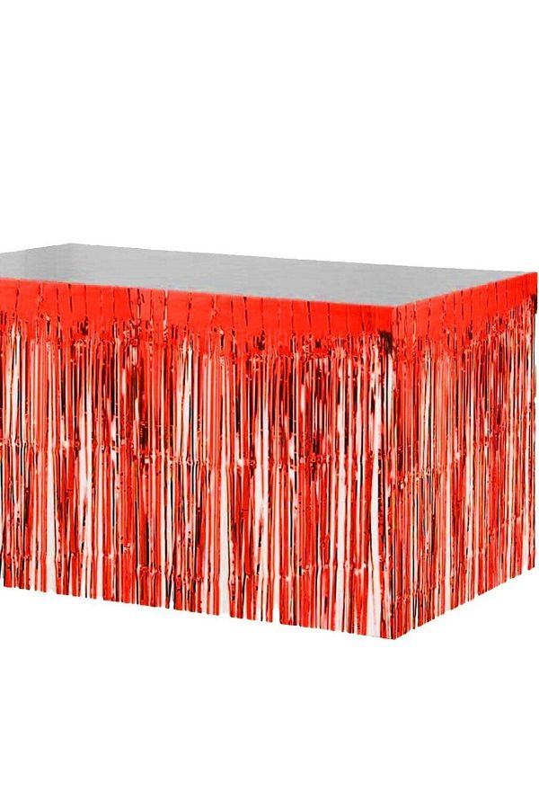 Püsküllü Işıltılı Metalize Kırmızı Renk Masa Eteği 70x300 Cm