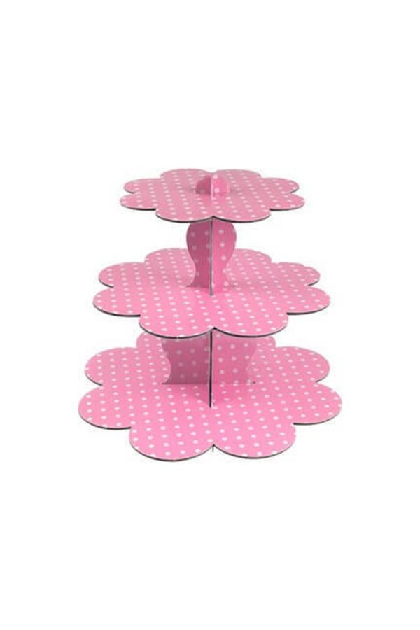 Kek Standı 3 Katlı Karton Cupcake Standı Pembe Puantiyeli