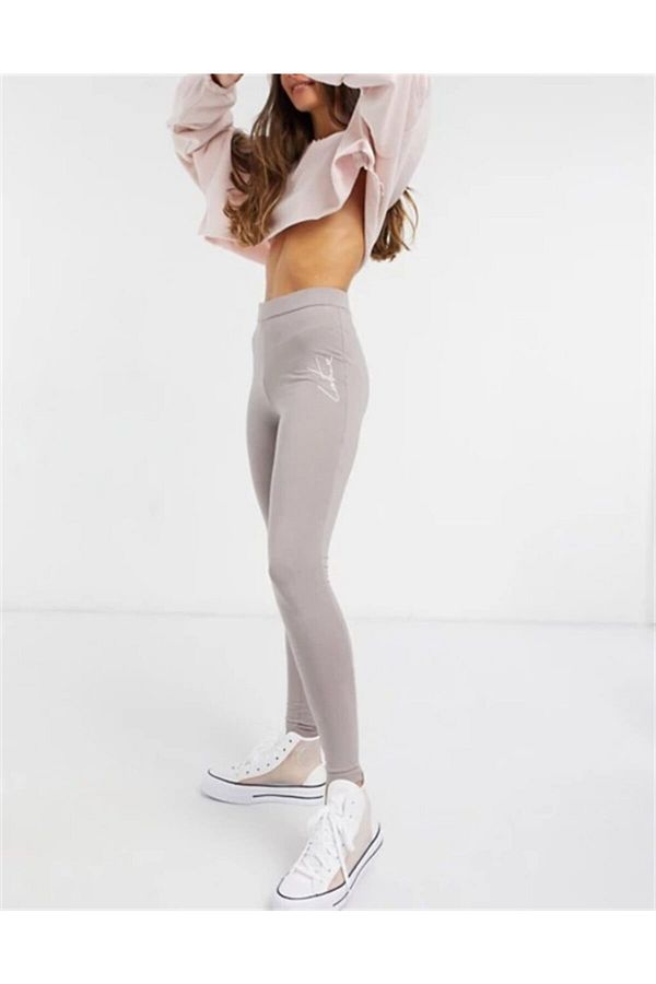 Kadın Bej Logolu Penye Fitness Tayt