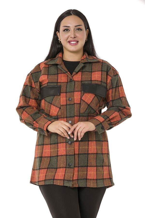 Pocket Kapakları & Back Leather-look Contrast-panel Popper-fastening Plaid Shirt Jacket — Khaki
