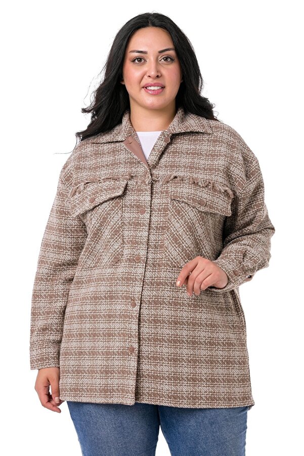 Drop Sleeve with Pockets Robası Saçaklı Placket Içi Contrast-panel Shirt Jacket — Mink