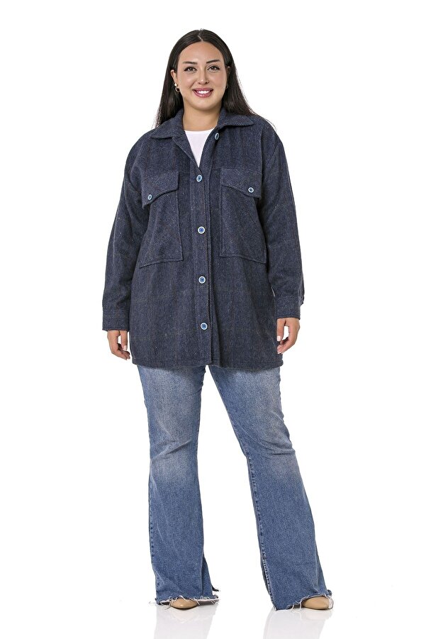 Chest Pocket-detail Herringbone Woven Shirt Jacket — Navy