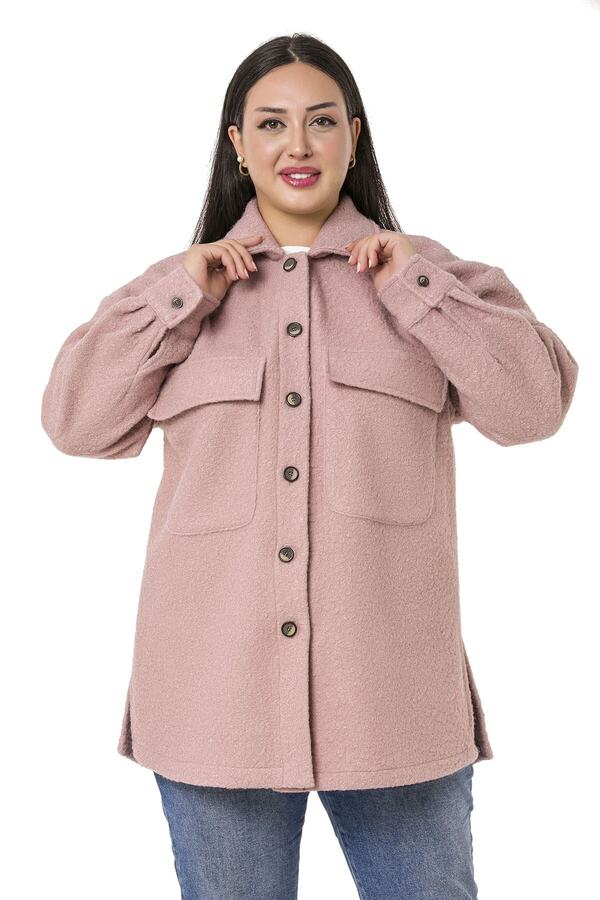 Drop Sleeve Chest with Pockets Side-slit Bouclé Shirt Jacket &mdash; Powder Pink