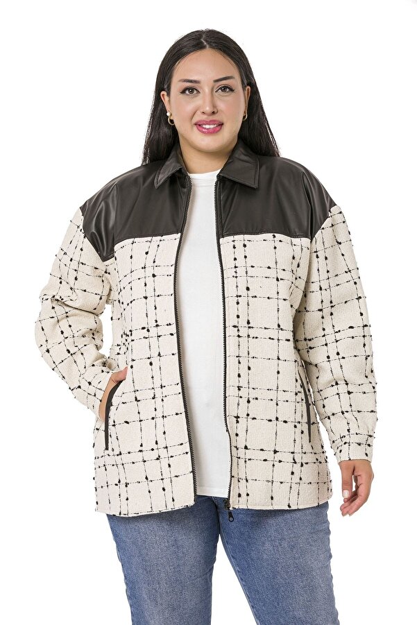 Leather-look Contrast-panel Zip-pocket Tweed Lined Jacket — Ecru & Black