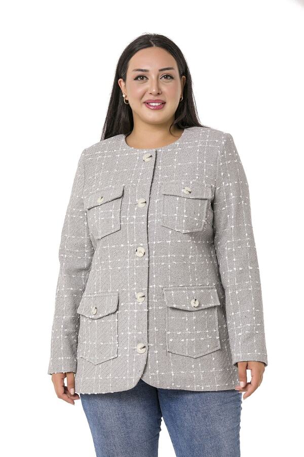 Button & Pocket-detail Hem Oval Cut Lined Tweed Jacket — Grey