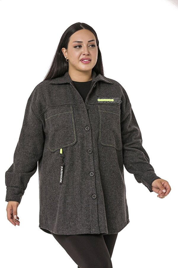 Contrast Stitched Patch-pocket Aksesuar Detail Wool-touch Shirt Jacket — Anthracite