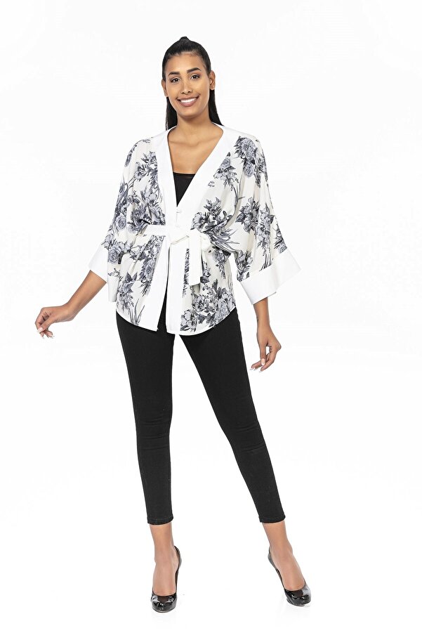 Tie-front & Buttoned Sleeves Wide Kimono — White