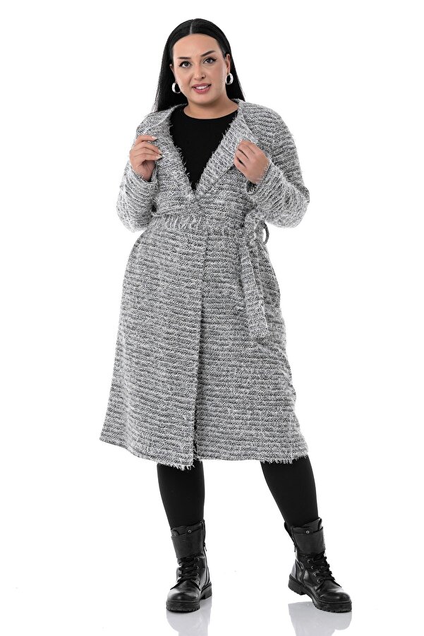 Shawl Collar Midi Length with Pockets Belted Cardigan — Light Grey