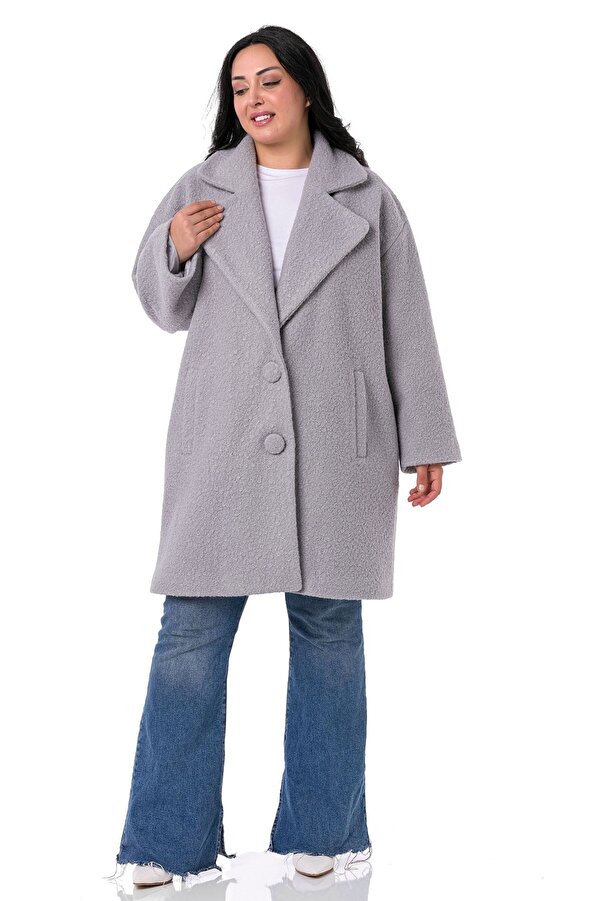 Mono Neck Welt-pocket with Pockets Coated Buttoned Lined Bouclé Coat — Grey