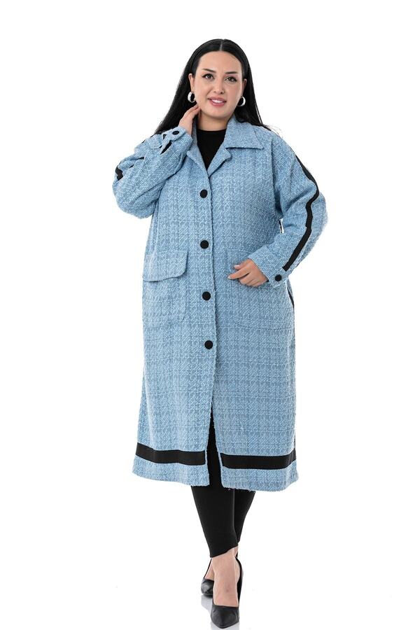Stripe Detail Coated Buttoned Long Unlined Bouclé Jacket &mdash; Blue