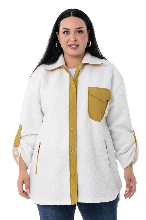 Fold-detail Sleeve Fabric Contrast-panel Bouclé Shirt Jacket — White & Mustard