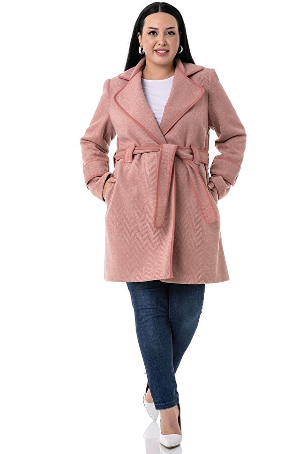 Mono Neck Piped Side with Pockets Belted Unlined Coat &mdash; Pink