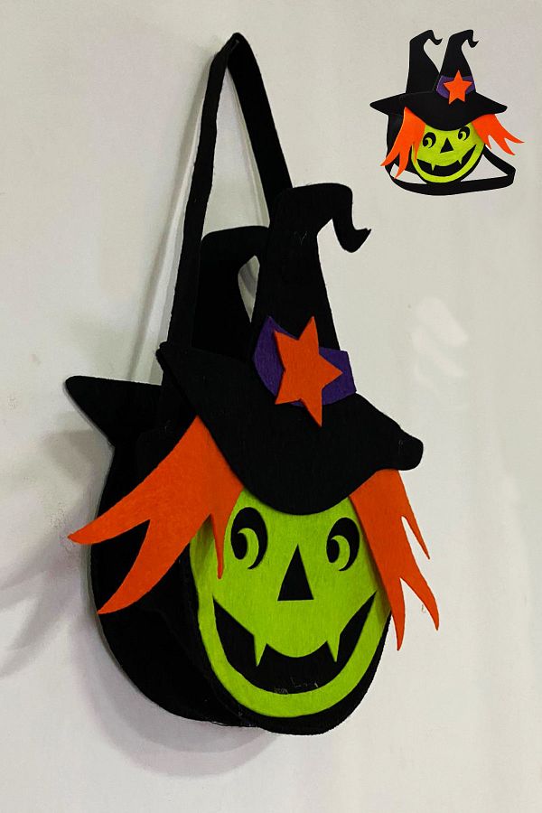 Halloween Cadılar Bayramı Bal Kabağı Şapkalı Cadı Konseptli Şeker Toplama Çantası 35cm