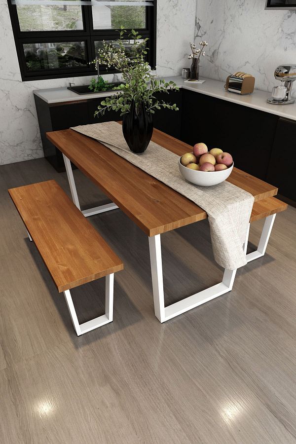 Sakız Masif Tik Renk 180x80 Çift Banklı Masa Takımı Woodesk