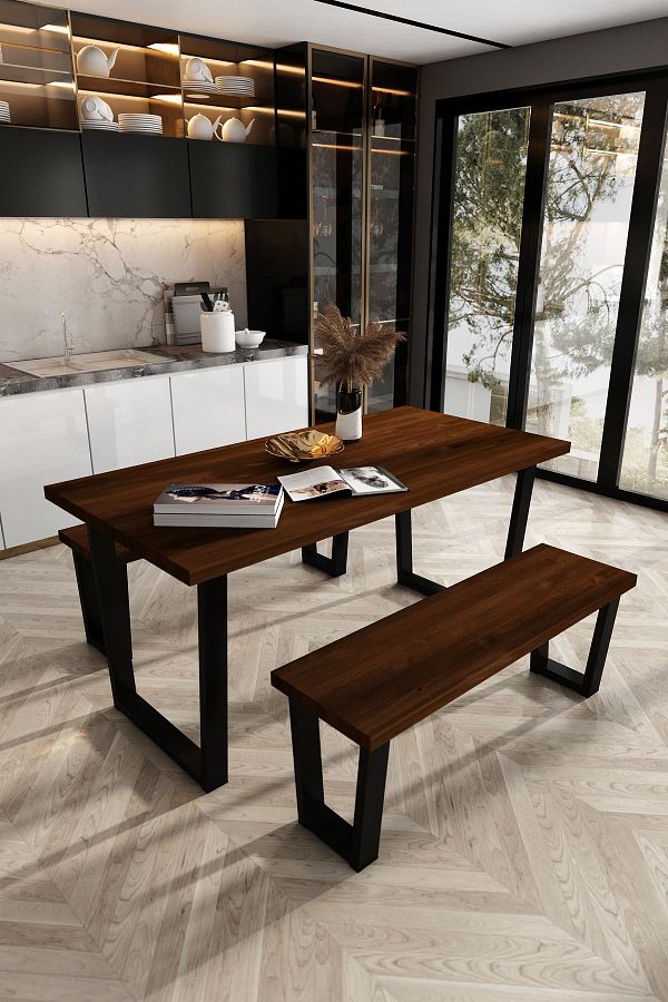 Ayaz Masif Ceviz Renk 140x70 Çift Banklı Masa Takımı Woodesk