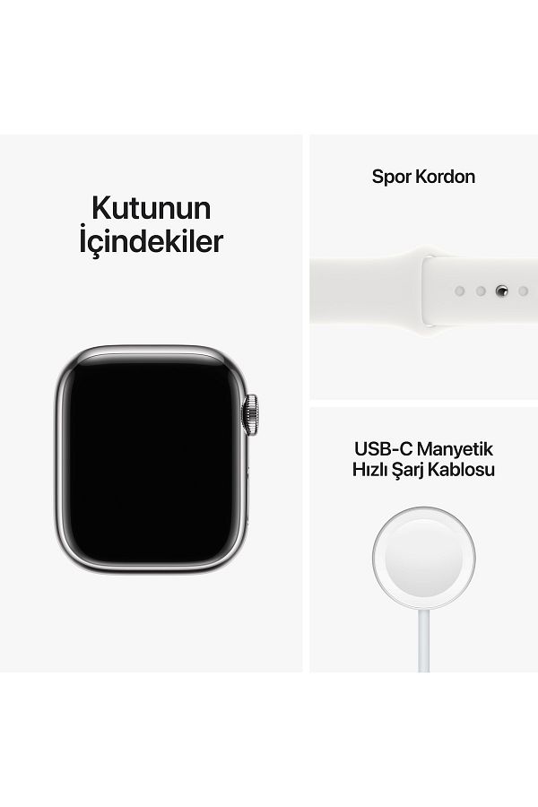 Apple Watch Series 8 GPS + Cellular 45mm Gümüş Paslanmaz Çelik Kasa ve Beyaz Spor Kordon - Regular - Görsel 8