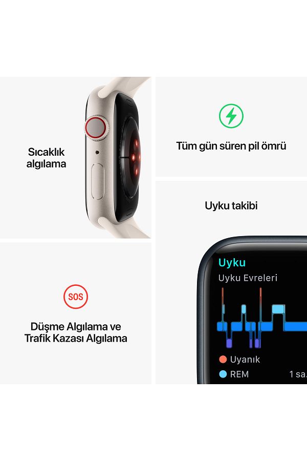 Apple Watch Series 8 GPS + Cellular 41mm Gümüş Paslanmaz Çelik Kasa ve Beyaz Spor Kordon - Regular - Görsel 9