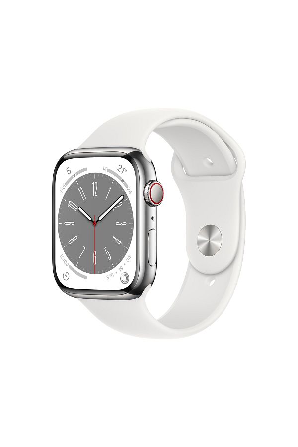Apple Watch Series 8 GPS + Cellular 41mm Gümüş Paslanmaz Çelik Kasa ve Beyaz Spor Kordon - Regular