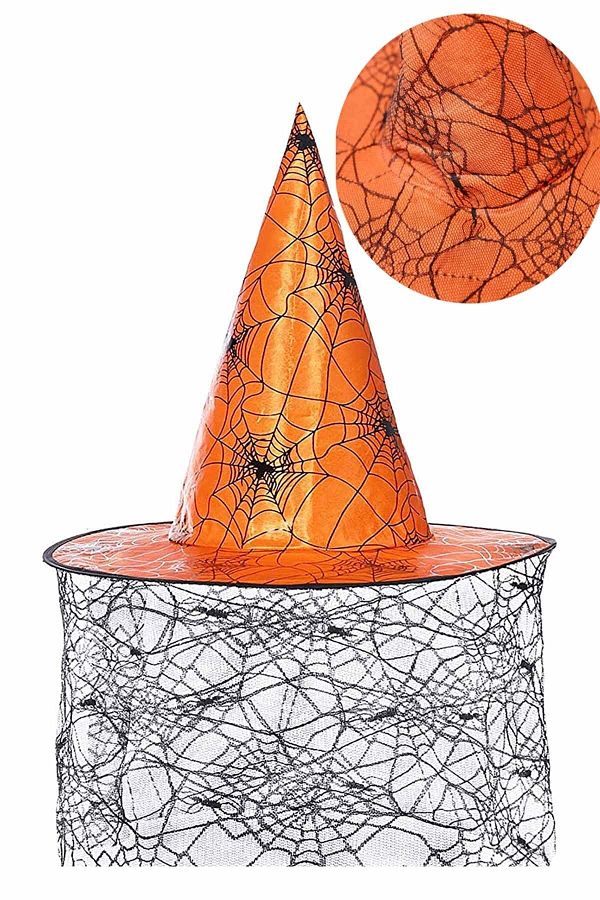 Halloween Cadılar Bayramı Cadı Şapkası Turuncu Siyah Örümcek Ağ Desenli Tül Parti Cadı Şapkası 34cm
