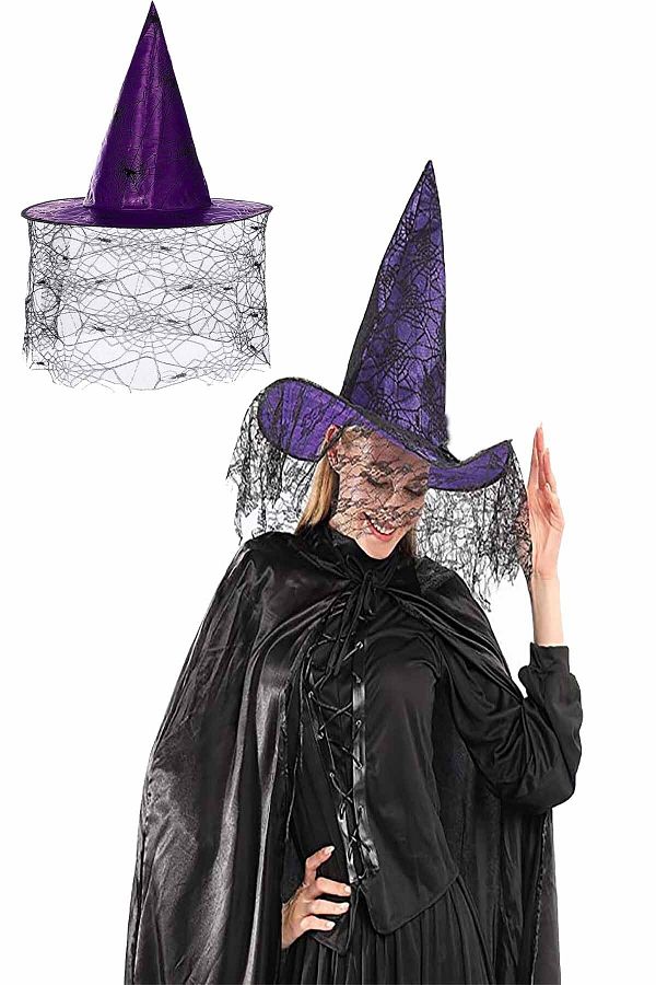 Halloween Cadılar Bayramı Cadı Şapkası Mor Siyah Örümcek Ağ Desenli Tül Parti Cadı Şapkası 34cm
