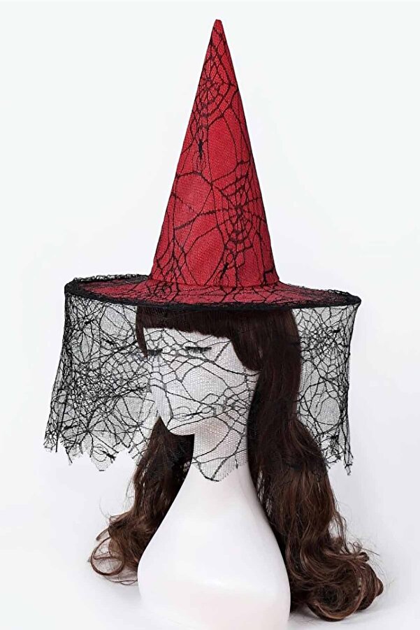 Cadılar Bayramı Cadı Şapkası Kırmızı Siyah Örümcek Ağ Desenli Tül Parti Cadı Şapkası 34cm