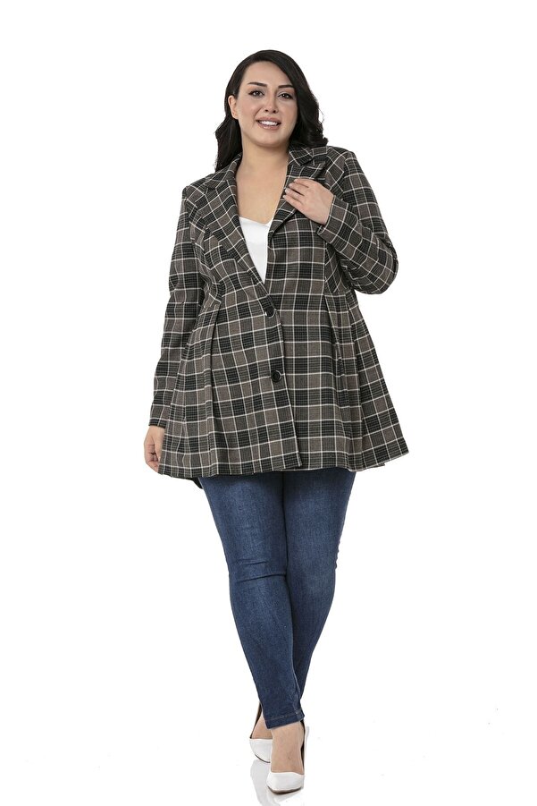 Pleated Lined Plaid Jacket — Black & Emerald