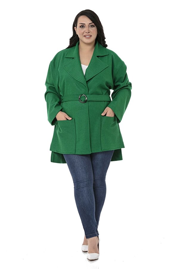 Mono Neck Longer-back Patch-pocket Belted Unlined Coat &mdash; Green