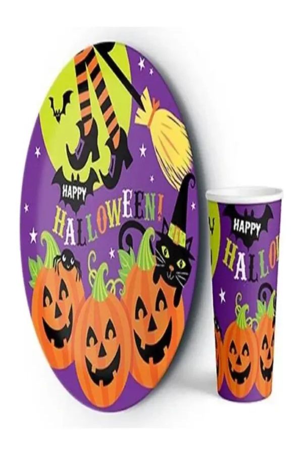Cadılar Bayramı Happy Halloween Baskılı Kağıt Tabak Ve Bardak 8'li